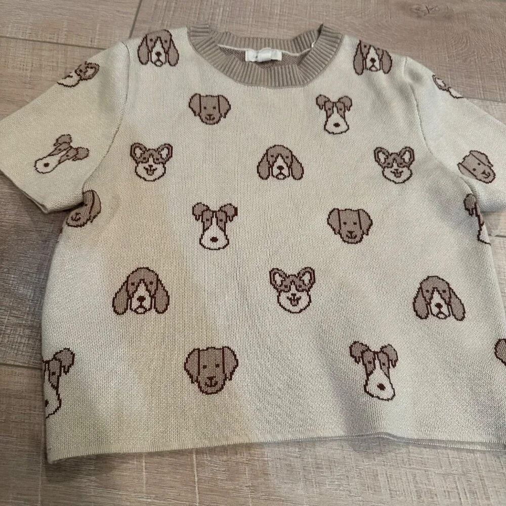 DEBUT GIRLS CROPPED SWEATER DOGS TAN MEDIUM 10/12